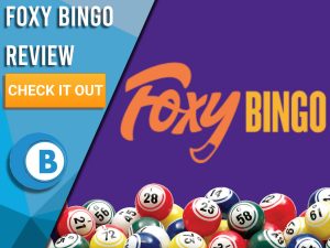 Purple background with bingo balls and Foxy Bingo logo. Blue/white square to left with text "Foxy Bingo Review", CTA below and Boomtown Bingo logo.