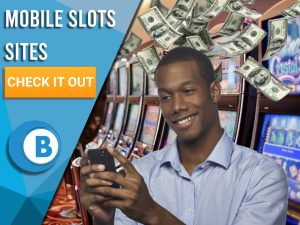 Background of slots with man on mobile slots sites and money raining down. Blue/white square to left with text "Mobile Slots Sites", CTA below and BoomtownBingo logo under.