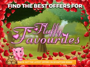 Background of park. Two fluffy friends are sat beneath the logo for "Fluffy Favourites", with a love heart border around it.
