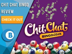 Purple background with money raining, Bingo balls and ChitChat Bingo Logo. Blue/white square with text to left "Chit Chat Bingo Review", CTA below and Boomtown Bingo logo beneath.