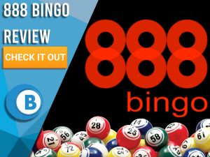 Black background with bingo balls and 888 Bingo logo. Blue/white square with text to left "888 Bingo Review", CTA below and Boomtown Bingo logo.