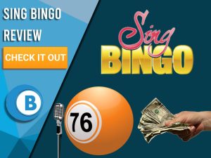 Navy background with microphone, bingo ball, money in hand and Sing bingo logo. Blue/white square to left with text "Sing Bingo Review", CTA below and Boomtown Bingo logo underneath.
