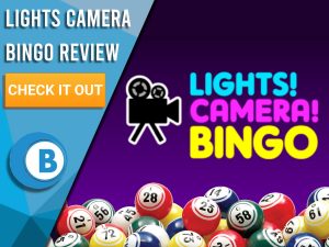 Black/purple background with bingo balls and Lights Camera Bingo logo. Blue/white square to left with text "Lights Camera Bingo Review", CTA below and Boomtown Bingo logo.