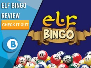 Dark Blue background with bingo balls and Elf Bingo logo. Blue/white square to left with text "Elf Bingo Review", CTA below and Boomtown Bingo logo.