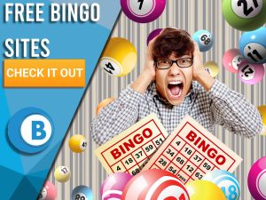 Background of wallpaper, bingo balls raining, man excited and free bingo cards. Blue/white square to left with text "Free Bingo Sites", CTA below and BoomtownBingo logo under that.