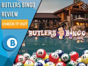 Background of mansion, bingo balls and Butlers Bingo logo. Blue/white square to left with text "Butlers Bingo Review", CTA below and Boomtown Bingo logo beneath.