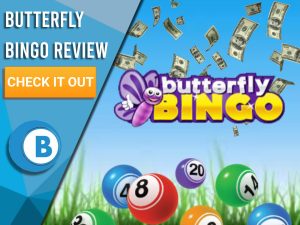 Background of grass and sky with bingo balls and Butterfly Bingo logo. Blue/white square with text to left "Butterfly Bingo Review", CTA below that and Boomtown Bingo logo under that.