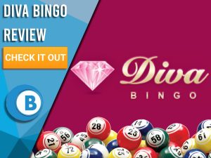 Maroon background with Bingo balls and Diva Bingo logo. Blue/white square to left with text "Diva Bingo Review", CTA below and Boomtown Bingo logo beneath.