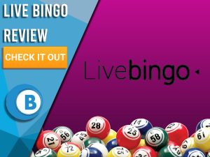 Purple background with bingo balls and Live Bingo Logo. Blue/white square to left with text "Live Bingo Review", CTA below and Boomtown Bingo logo.