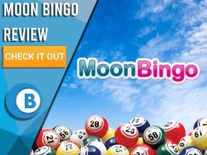 Sky background with bingo balls and Moon Bingo logo. Blue/white square to left with text "Moon Bingo Review", CTA below and Boomtown Bingo logo.