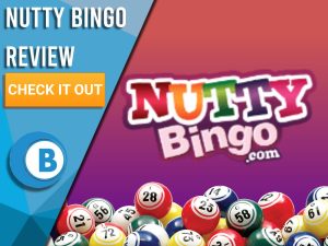 Red/purple background with bingo balls and Nutty Bingo logo. Blue/white square to left with text "Nutty Bingo Review", CTA below and Boomtown Bingo logo.