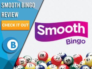 White background with bingo balls and Smooth Bingo logo. Blue/white square to left with text "Smooth Bingo Review", CTA below and Boomtown Bingo logo.