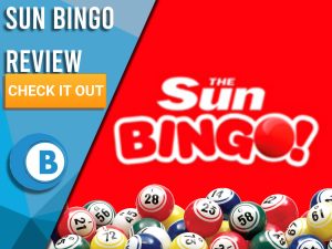 Red background with bingo balls and Sun Bingo logo. Blue/white square to left with text "Sun Bingo Review", CTA below and Boomtown Bingo logo.
