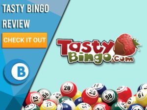 Turquoise background with bingo balls and Tasty Bingo logo. Blue/white square to left with text "Tasty Bingo Review", CTA below and Boomtown Bingo logo.