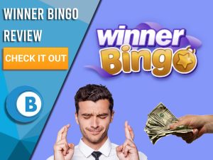 Purple background with man crossing fingers, hand giving money to man and Winner Bingo logo. Blue/white square to left with text "Winner Bingo Review", CTA below it and Boomtown Bingo logo underneath.