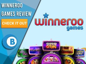 Blue background with slot machines and Winneroo Games logo. Blue/white square to left with text "Winneroo Games Review", CTA below and Boomtown Bingo logo.