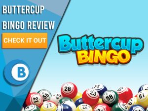 Blue/white background with bingo balls and Buttercup bingo logo. Blue/white square to left with text "Buttercup Bingo Review", CTA below and Boomtown Bingo logo,