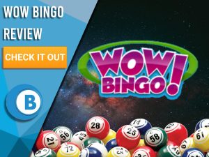 Background of space with bingo balls and Wow Bingo logo. Blue/white square to left with text "Wow Bingo Review", CTA below and Boomtown Bingo logo beneath