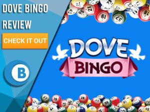 Blue background with bingo balls and Dove Bingo logo. Blue/white square to left with text "Dove Bingo Review", CTA below and Boomtown Bingo logo beneath.