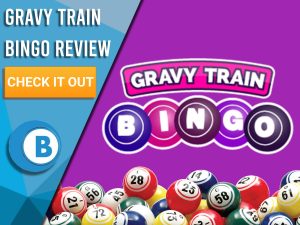 Purple background with Bingo Balls and Gravy Train Bingo logo. Blue/white square to left with text "Gravy Train Bingo Review", CTA below and Boomtown Bingo logo.