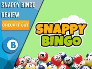 Light green background with bingo balls and Snappy Bingo logo. Blue/white square to left with text "Snappy Bingo Review", CTA below and Boomtown Bingo logo.