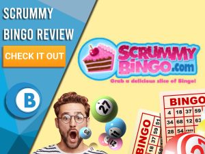 Yellow background with man eating bingo balls, bingo cards and Scrummy Bingo logo. Blue/white square to left with text "Scrummy Bingo Review", CTA below that and Boomtown Bingo logo underneath that.