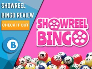 Pink background with Showreel Bingo logo and bingo balls. Blue/white square to left with text "Showreel Bingo Review", CTA below and Boomtown Bingo logo.