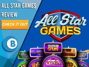 Blue background with slot machines and All Star Games Logo. Blue/white square to left with text "All Star Games Review", CTA below and Boomtown Bingo logo.