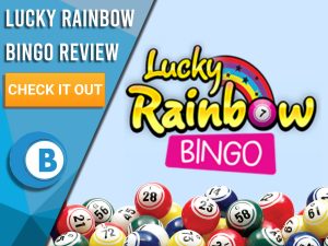 Violet background with bingo balls and Lucky Rainbow Bingo logo. Blue/white square with text to left "Lucky Rainbow Bingo Review", CTA below and Boomtown Bingo logo.