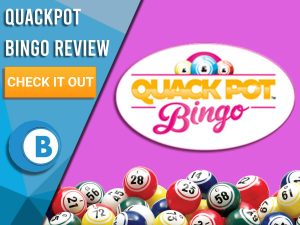 Pink background with bingo balls and Quackpot bingo logo. Blue/white square to left with text "Quackpot Bingo Review", CTA below and Boomtown Bingo logo.