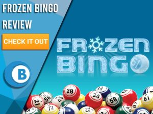 Blue/light blue background with bingo balls and Frozen Bingo logo. Blue/white square to left with text "Frozen Bingo Review", CTA below and Boomtown Bingo logo.