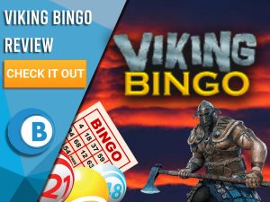 Background of red sky with viking and bingo balls/cards with Viking Bingo logo. Blue/white square with text to left "Viking Bingo Review", CTA below and Boomtown Bingo logo beneath.