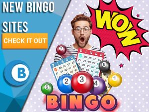 Background of purple with bingo symbols, wow sign and surprised man. Blue/white square to left with text "New Bingo Sites", CTA button, BoomtownBingo both below.