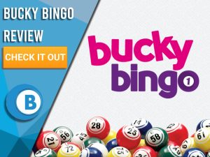 White background with bingo balls and Bucky Bingo. Blue/white square to left with text "Bucky Bingo Review", CTA below and Boomtown Bingo logo underneath.