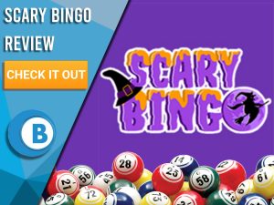 Purple background with bingo balls and Scary Bingo logo. Blue/white square to left with text "Scary Bingo Review", CTA below and Boomtown Bingo logo.
