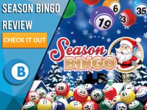 Snowy background with bingo balls and Season Bingo logo. Blue/white square with text to left "Season Bingo Review", CTA below and Boomtown Bingo logo beneath.