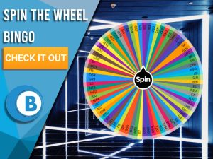 Background of neon lights with Spin the Wheel logo in the centre. Left is Blue/white square with text "Spin The Wheel Bingo", CTA below and BoomtownBingo logo beneath that.