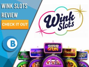 White Background with slot machines and Wink Slots logo. Blue/white square to left with text "Wink Slots Review", CTA and Boomtown Bingo logo.