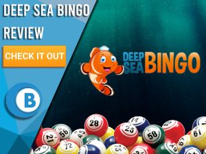 Background of underwater with bingo balls and Deep Sea Bingo logo. Blue/white square to left with text "Deep Sea Bingo Review", CTA below and Boomtown Bingo logo.