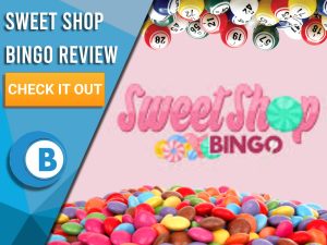 Pink background with candy, bingo balls and Sweet Shop Bingo logo. Blue/white square with text to left "Sweet Shop Bingo Review", CTA below and BoomtownBingo logo underneath.