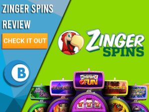 Green Background with slot machines and Zinger Spins logo. Blue/white square to left with text "Zinger Spins Review", CTA and Boomtown Bingo logo.
