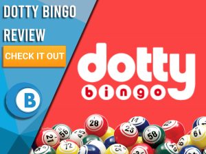 Red background with bingo balls and Dotty Bingo Logo. Blue/white square to left with text "Dotty Bingo Review", CTA below and Boomtown Bingo logo.