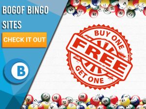 Background of white tiles with BOGOF symbol in middle, bingo balls surround the image. Blue/white square with text "BOGOF Bingo Sites", with CTA beneath and BoomtownBingo logo under that appear on square.