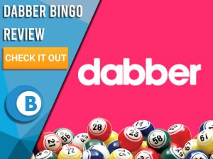 Pink background with bingo balls and Dabber Logo. Blue/white square to left with text "Dabber Bingo Review", CTA below and Boomtown Bingo logo.