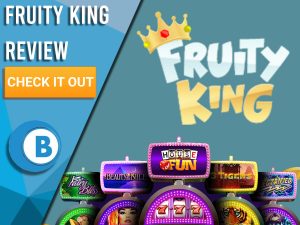 Green background with slot machines and Fuity King logo. Blue/white square to left with text "Fruity King Review", CTA below and Boomtown Bingo logo.