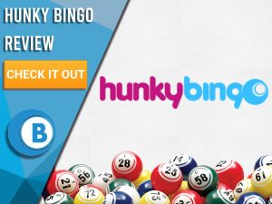 White background with bingo balls and Hunky Bingo logo. Blue/white square to left with text "Hunky Bingo Review", CTA below and Boomtown Bingo logo.