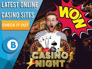 Background of casino with casino night logo, man and wow sign. Blue/white square with text to left "Latest Online Casino Sites", CTA and BoomtownBingo logo.