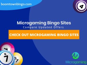 A Blue background with a white circle with 50% opacity covering half of the background. A blue oval can be seen in the top left with "boomtownbingo.com" inside of it. Two lines of text in white writing are displayed in the middle, with an orange box with one line of white text within it. 3 Bingo balls can be seen in the bottom left. In the opposite corner, a Bingo ball can be seen (top right). Also, in the bottom right, the Microgaming logo can be seen.