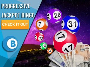 Background of Space with Bingo Balls with a stack of cash located below. Left is blue/white square with "Progressive Jackpot Bingo Sites", CTA beneath it and BoomtownBingo below that.