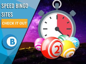 Background of Space with Bingo Balls with a timer located above. Left is blue/white square with "Speed Bingo Sites", CTA beneath it and BoomtownBingo below that.